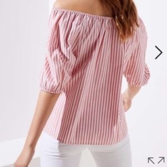 LOFT OFF SHOULDER PINK AND WHITE STRIPE SHORT SLEEVE TOP - Picture 2 of 8
